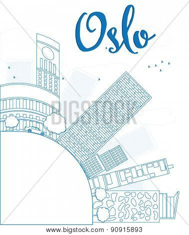 Outline Oslo Skyline with Blue Building and copy space