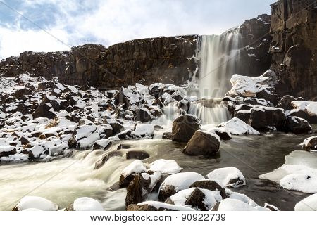 Oxararfoss Waterfall in the winter in pingvellir valley  National Park in Iceland