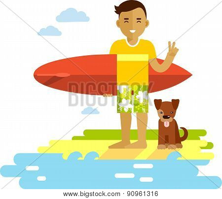 Young surfer man with surfboard on the beach