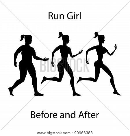 Simple Cartoon Woman Jogging, Before After Exercise Concept Run Girl