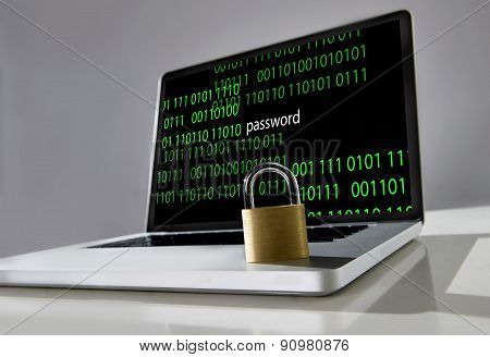 Lock On Keyboard Of Computer Laptop With Binary Code And Password Text On Screen In Hacker Attack Co