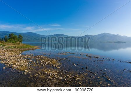 View Of Reservoir Blue Sky And Green Grass
