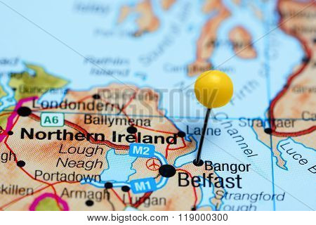 Bangor pinned on a map of Northern Ireland