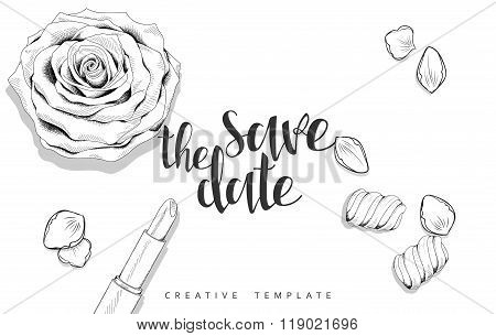 Beauty background with roses, petals, sweets. Stylish sketch template