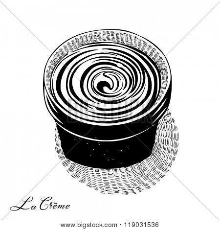 Cosmetic cream in a pot, engraved style drawing, good for organic treatments. Black and white version, vector