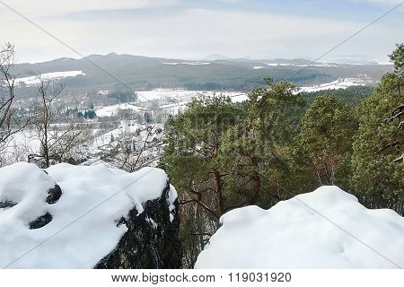 View From The Rock Of Hill Sroubeny On A Sunny Winter Pine Forest In Machuv Kraj Landscape