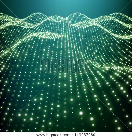 Landscape Background. Futuristic Landscape with Shiny Grid. Low Poly Terrain. 3D Wireframe Terrain. Network Abstract Background. Cyberspace Grid. Technology Vector Illustration of Low-Poly Landscape