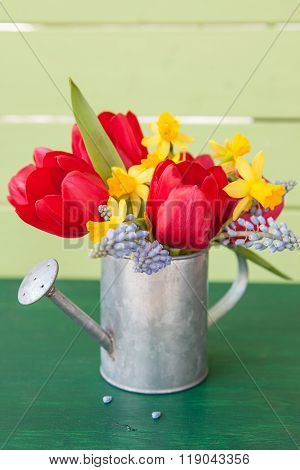 Red Tulips In Vintage Watering Can