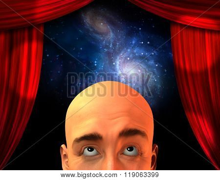Stage with man looking up, space