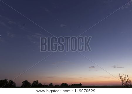 Beautiful dawn sky Jupiter and Venus Conjunction After sunset With Constellations Leo, Lynx, Ursa ma