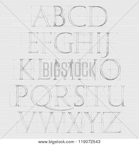 Font Antiqua. Hand Drawn Construction Sketch
