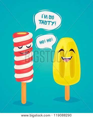 Cartoon funny foods characters isolated vector illustration. Funny foods ice cream face icon. Ice cream emoji. Funny frozen yellow ice cream. Cartoon foods emoticon face. Cute cartoon ice cream. Funny foods concept