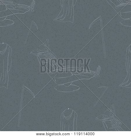 Set Of Thematic Seamless Pattern With Halloween Smilies And Death In The Chair.