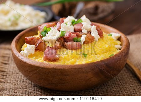 Banosh - Ukrainian Hutsul Meal (maize Porridge) With Bacon, Cracklings And Cheese