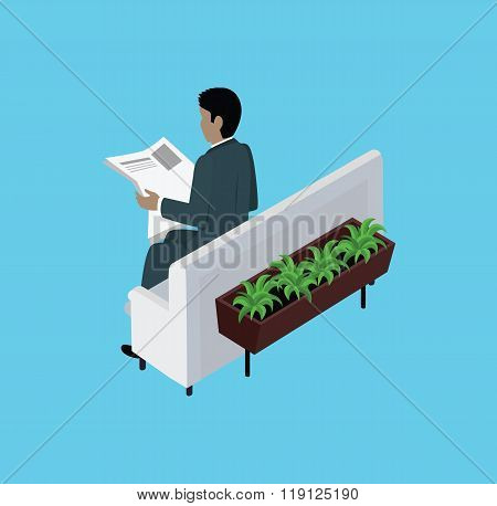 Isometric Man Reading Newspaper Design Flat