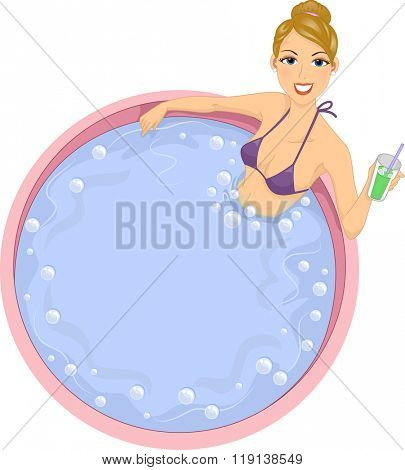 Illustration of a Girl Having a Drink While Relaxing in a Hot Tub