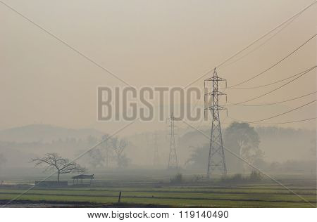 High Voltage Electric Poles Set In The Rice Field, Thailand