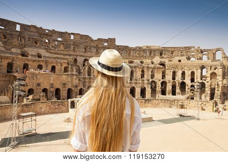 Woman In Tunisia El Jem Roman Apmphitheatre