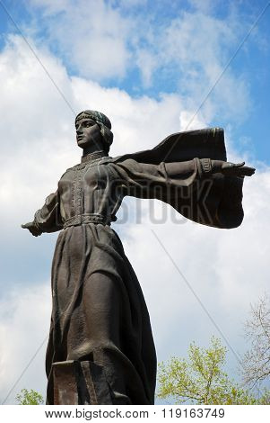 Kiev, Ukraine: May, 2014 - Legendary Princess Lybed, monument to the founders of Kiev and dramatic skyline, Ukraine
