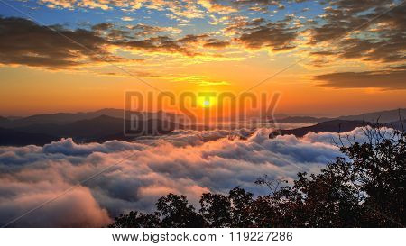 Seoraksan mountains is covered by morning fog and sunrise in Seoul,Korea.