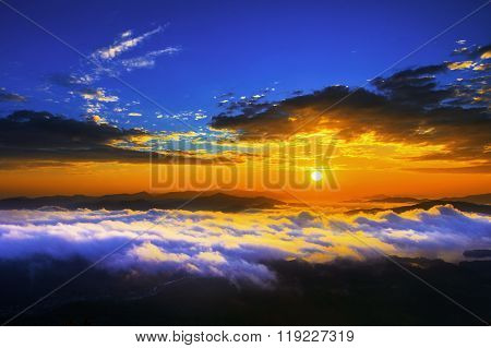 Seoraksan mountains is covered by morning fog and sunrise in Seoul Korea.
