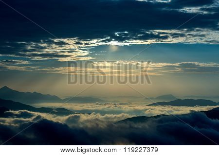 Seoraksan mountains is covered by morning fog and sunrise in Seoul Korea.