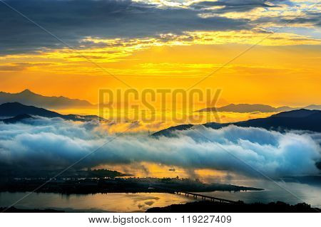 Seoraksan mountains is covered by morning fog and sunrise in Seoul Korea.