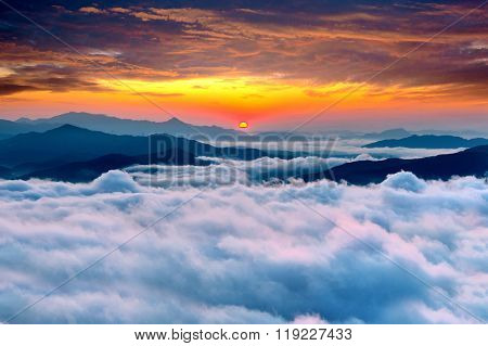 Seoraksan Mountains Is Covered By Morning Fog And Sunrise In Korea.