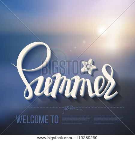Hello summer poster inscription on a background seascape picture.