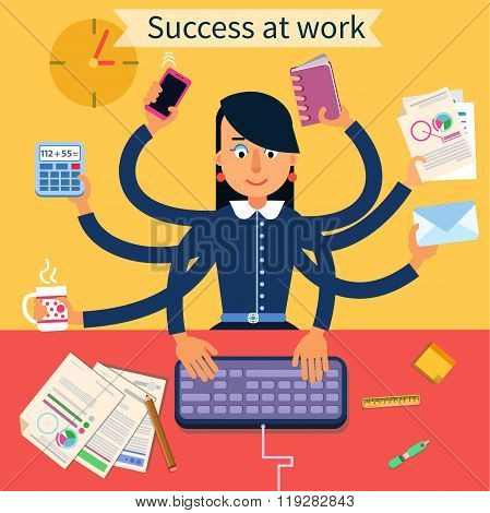 Business Superwoman Banner. Woman With Many Hands Doing A Lot Of Things At Work