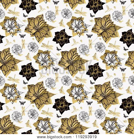 Seamless pattern flowers butterflies