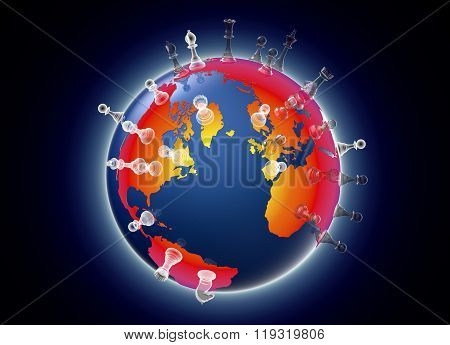 Symbol Of Geopolitics The World Globe With Chess Pieces