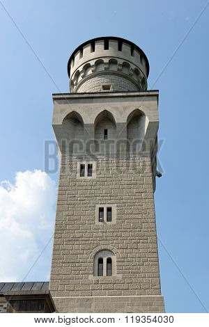 Tower of Neuschwanstein Castle. Nineteenth-century Romanesque Revival palace in southwest Bavaria Germany.