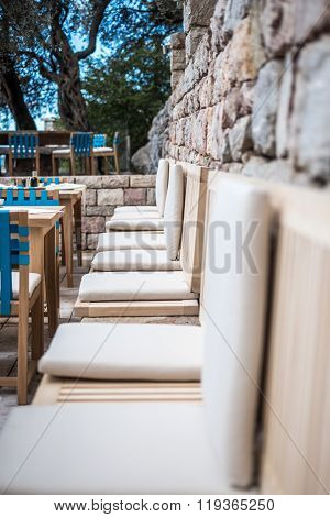 Trendy lounge in summer terrace of modern restaurant