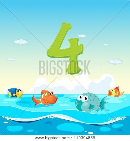 Number four with 4 fish in the ocean illustration