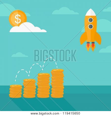 Background of start up rocket idea and golden stacks.