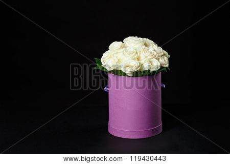 White Roses In A Small Gift Box Purple Round Space For The Logo, Studio Shooting, The Spring Comes,