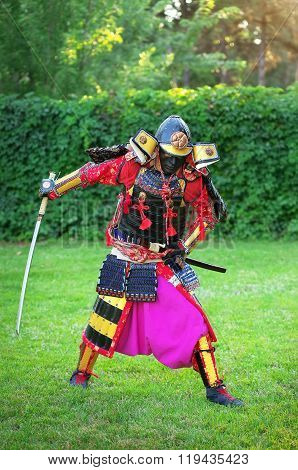 Man In Samurai Costume With Sword. Original Character