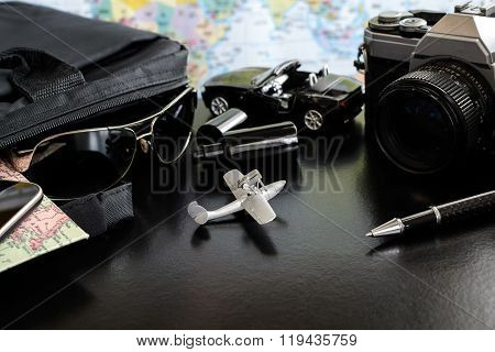 Outfit Of Traveler On Black Background And Copy Space