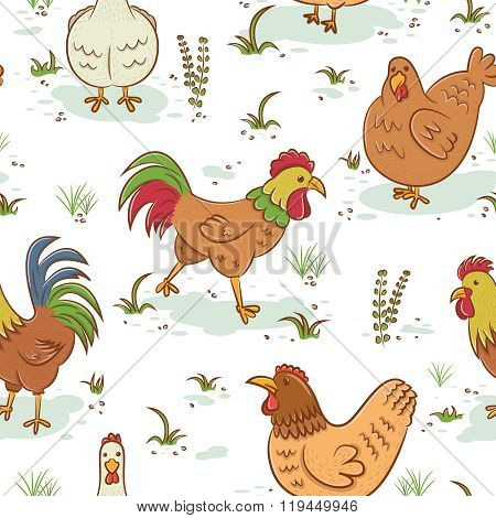 Roosters And Hens Seamless Pattern