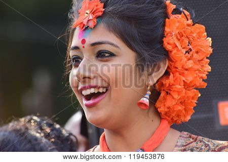 Young Girl Dancer's Jouful Expression At Holi (spring) Festival In Kolkata.