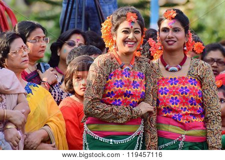 Young Girl Dancer's Jouful Expression At Holi (spring) Festival In Kolkata.