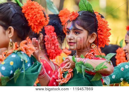 Girl Child Dancers Perforimg At Holi (spring) Festival In Kolkata.