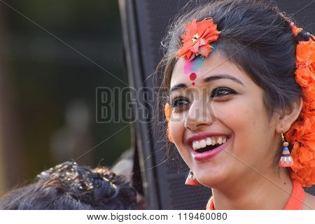 Young Girl Dancer's Jouful Expression At Holi (spring) Festival In Kolkata.