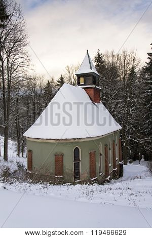Church Of The Saint Joseph In Wood In Frosty Mountains Country Winter Evening