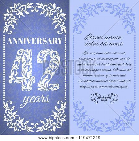 Luxury Template With Floral Frame And A Decorative Pattern For The 42 Years Anniversary. There Is A