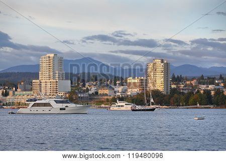Waterfront condominiums overlook the harbor and marina in Downtown Nanaimo, British Columbia, Canada.