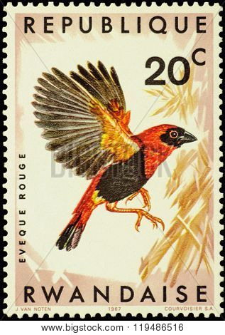 Bird Ukamba Red Bishop (euplectes Orix Nigrifrons) On Postage Stamp