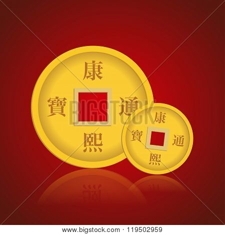 Two Coin China On Red Background