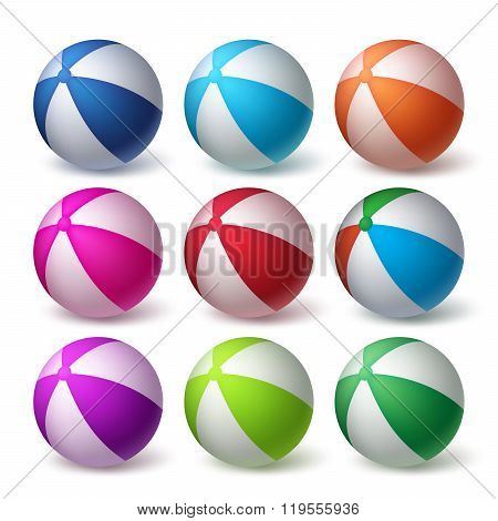 Beach Balls Vector Set in Colorful 3D Realistic Rubber or Plastic Material